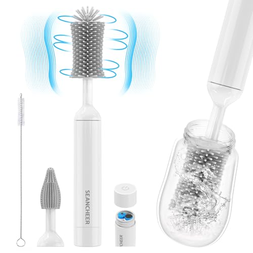 Image of SEANCHEER S02 Electric Bottle Brush Cleaner, Waterproof Baby Bottle Brush, AA Battery-Powered & 360° Wrist-Friendly, with Silicone Bottle/Nipple/Straw Brush, Perfect Essentials for New Parents