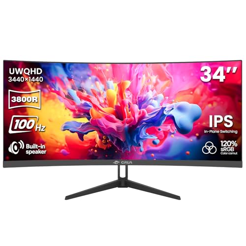 Image of CRUA 34 inch Ultrawide Curved Monitor, 21:9 UWQHD 3440x1440 100Hz 3800R IPS Computer Monitors with Built-in Speakers, FreeSync, 120% sRGB, 92% DCI-P3, Blue Light Filter, HDMI 2.0 & DP 1.4, Wall Mountable