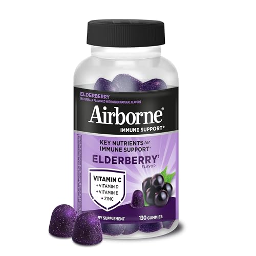 Airborne Elderberry + Zinc & Vitamin C Gummies for Adults, Immune Support with Antioxidants Vitamins C, D & E, 130 Count, Elderberry Flavor