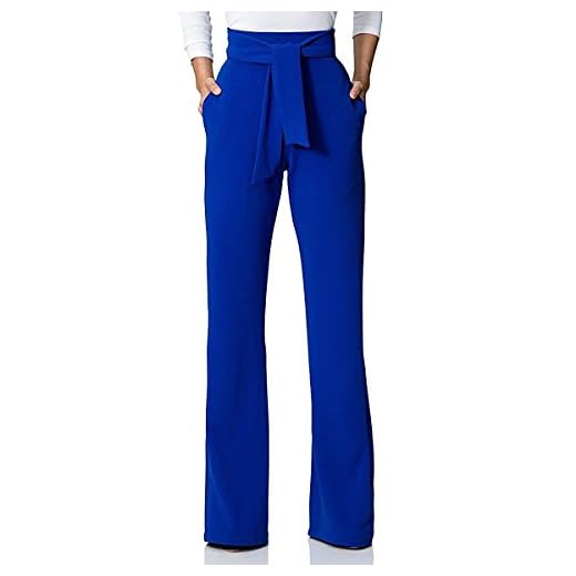 Pantalones Mujer Elegante Fiesta Moda Pantalones Anchos Largos Unicolor Anchos Fashion Pantalones De Tiempo Libre Pantalones De Traje Bastante con Cordón (Color : Blau, Size : L)