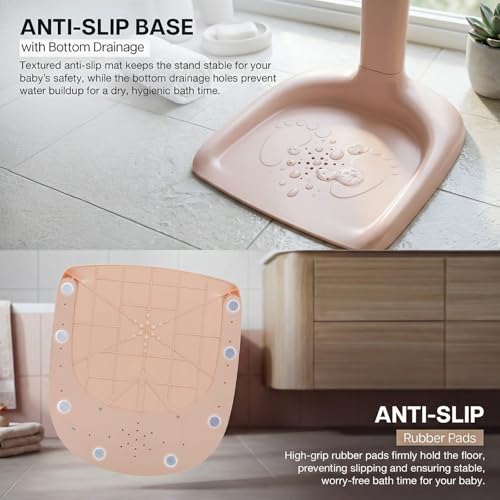 Image of BAYBEE Babyflo Shower Bath Stand for Baby for 0 - 3 Years for Kids | Baby Standing Bath Stand with Adjustable Height & Width | Foldable Kids Bathstand with Shower Holder & Anti-Slip Base (Pink)
