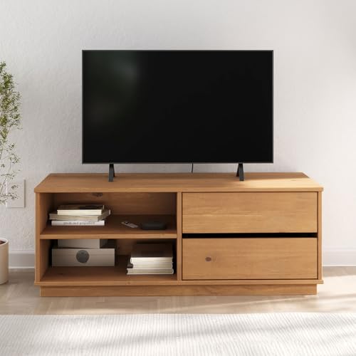 IDIMEX Meuble TV Maite L 110 cm avec 2 tiroirs et 2 niches en Bois Massif Coloris chêne pour télé Jusqu’à 47