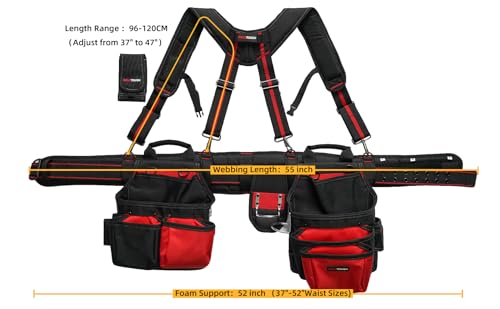 Image of MELOTOUGH Pro Framer Combo System-Tool Belt Suspenders Tool Pouch Build Heavy Duty Carpenter Tool Belt and Multi Function （red)
