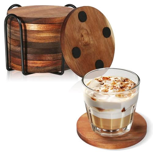 10 Pcs Wood Coasters with Holder Wooden Coasters for Drinks Absorbent Drink Coasters for Coffee Table Modern Home Decor Coaster Set for Table Protection Office Bar