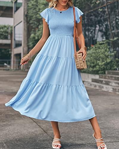 Women's Summer Casual Flutter Sleeve Crew Neck Smocked Maxi Dress Tiered Ruffle Flowy A-Line Long Dresses2