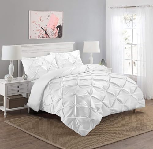 Great Knot Pinch Pleated Pintuck Duvet Cover Set With Pillow Cases 100% Percale Egyptian Cotton Bedding Quilt Sets (White, King)