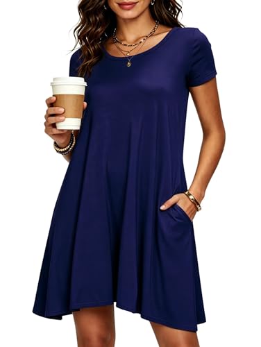 Image of Afibi Womens Short Sleeve Loose Pockets Dress Casual Swing T-Shirt Dresses