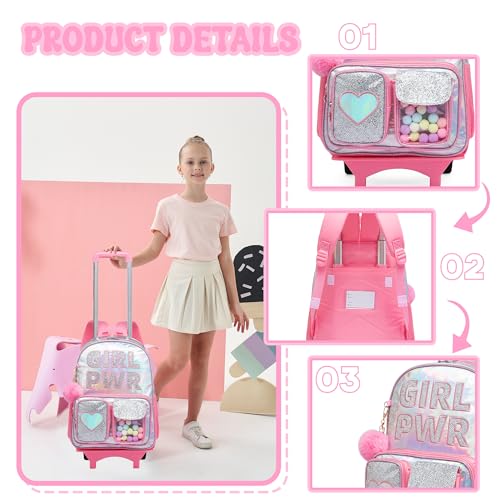 Image of HTgroce Rolling Backpack with Wheel,School Backpack for Kids Girl Roller Schoolbag Wheeled Backpacks Set Carry-on Luggage,Pink