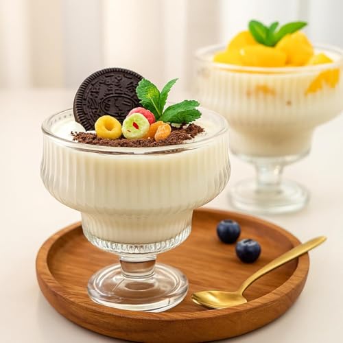 Image of Glassbunny Ice Cream Sundae Glass Bowl Set of 6, Clear Stripes Footed Dessert Bowls Crystal Glass Dessert Cups Perfect for Sundae, Ice Cream, Fruit, Salad, Cocktail, Trifle 300ml