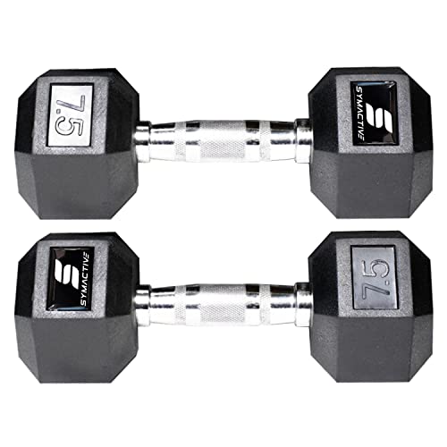 Amazon Brand – Symactive Rubber Coated Hex Fixed Dumbbells, Set of 2, 7.5 Kg, Black