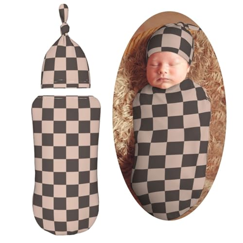 Image of Coffee Brown Checkered Plaid Swaddle Blanket with Beanie Hat Set Newborn Swaddle Wrap Soft Baby Receiving Blankets Baby Swaddle Sack for Baby Boys and Girls