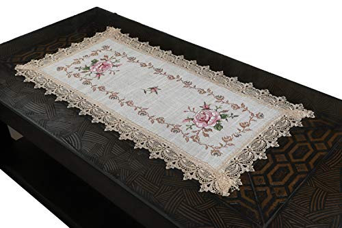 Image of MONKDECOR (O.F) Cut Work Cross-Stitch Embroidery Centre Table Runner (Size-16x33 Inches)- Gold & Pink Color