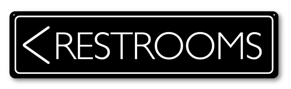 Grafkën GRX1238 Aluminum Sign LARGE 24 in x 6 in: RESTROOMS. Arrow LEFT (black/white) Style 2