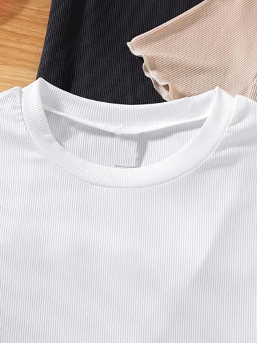 OYOANGLE Girl's 3 Piece Short Sleeve Tees Crew Neck Ribbed Knit Tee Shirts Basic Solid Crew Neck T-Shirt3