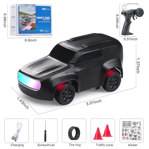 RoofWorld 1/64 Mini RC Drift Car 4WD High-Speed Full-Proportional Desktop Toy Remote Control Sports Cars 2.4Ghz Racing Model Ideal for Racer Kids and Adults (K12 Black)