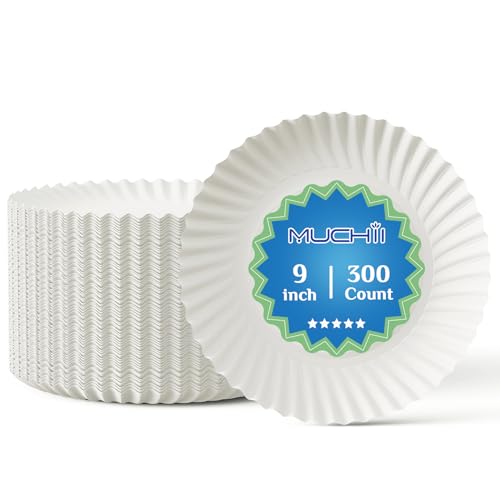 MUCHII 300 Count 9 Inch Paper Plates, Disposable Dinner Plates Bulk, White Plate Uncoated for Parties, Catering, Picnics, and DIY