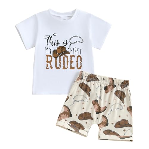 Image of Toddler Baby Boy Western Clothes My First Rodeo Short Sleeve T Shirt Top Camo Shorts Set 2Pcs Summer Cowboy Outfit