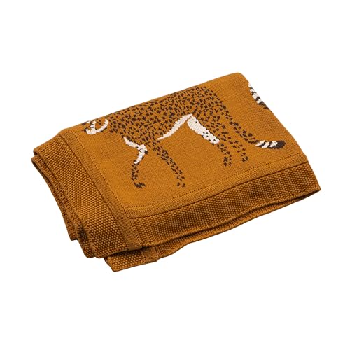 Creative Co-Op Soft Cotton Knit Baby Blanket with Decorative Cheetahs, Mustard Color