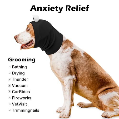 Image of SAWMONG Cute Dog Calming Hoodie Ear Head Covers for Noise Fireworks,No Shake Ear Wraps for Anxiety Relief,Dog Ear Muffs Hematoma Pet Grooming and Force Drying,Black,M