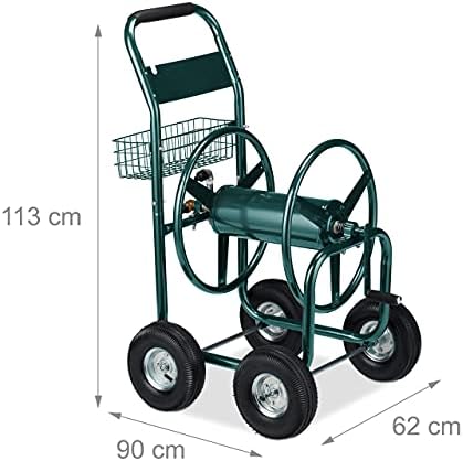 Bild 3 - Relaxdays Schlauchwagen, bis 90 m, 4 Luftreifen, Klickkupplung, Schlauchtrommel Metall, Schlauchabroller mit Korb, grün