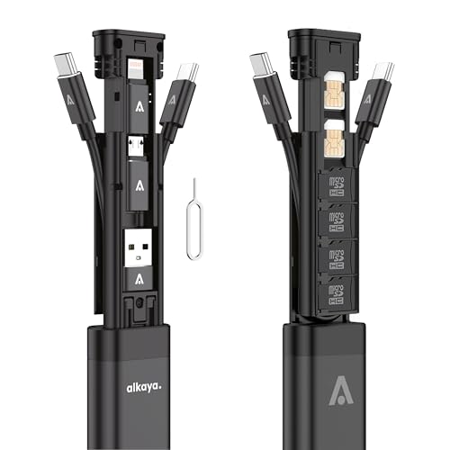 Alkaya travel Adapter kit - Aluminium Gehäuse mit USB-C Kabel und Adapter Connectoren für alle Anschlüsse (USB-A, Lightning, Micro-USB) | multifunktional | inklusive SIM-Karte Nadel | Schwarz