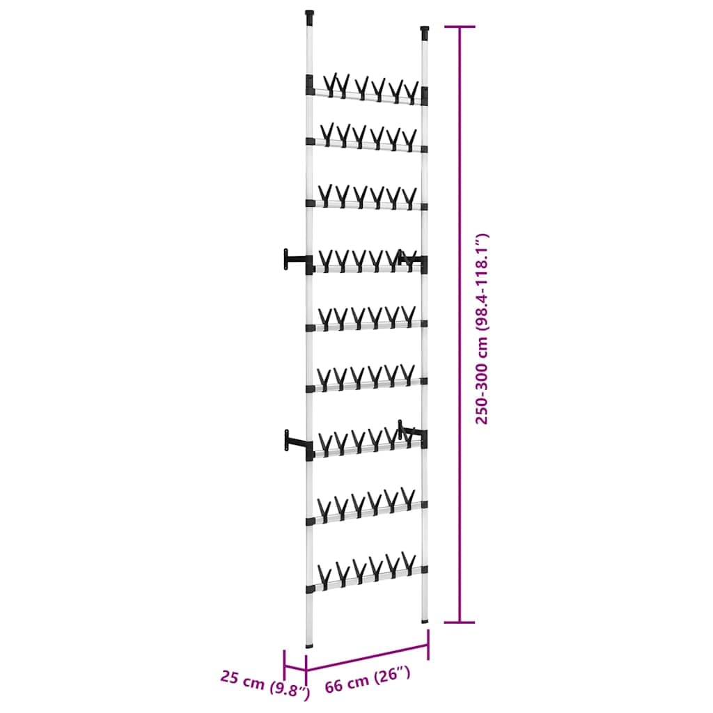 Teleskopowy regał na buty z drążkami aluminiowymi z regulacją wysokości 66 x 25 x 250-300 cm, 9 drążków, 54 pary butów, wytrzymały regał, półka na buty do korytarza, przedpokoju, systemu