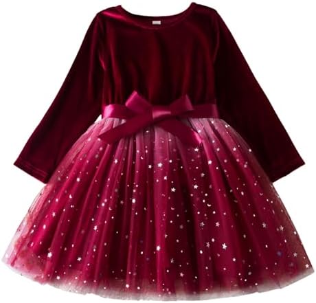 Générique Robes Enfant Fille Avec Paillettes Ceremonie 2-7 Ans Noel Hiver Robe Princesse Fille Chic Et Elegant Anniversaire Mariage Habillée Robe Velours Filles Avec Tulle Manche Longue Bowknot