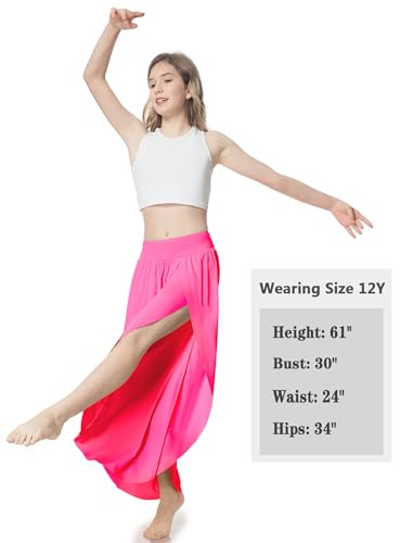Image of EXARUS Girls Flowy Pants Summer Dance Palazzo Wide Leg Trousers Teen | Tween Split Trousers Elastic High Waisted Vacation Casual Beach Bottoms Youth Front Slit Junior Kids Size 6-12Y