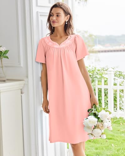 Image of Ekouaer Moo Moos for Women House Dress With Pockets Cotton Nightgowns Short Sleeve Night gowns Embroidered Mumu Dress