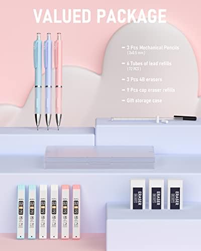 Nicpro 3 PCS Pastel Mechanical Pencil 0.5 mm for School, Retractable Pencils with 6 Tubes HB Lead Refills, 3 Erasers, 9 Eraser Refills For Student Writing Sketching, Blue,Pink, violet Colors-with Case