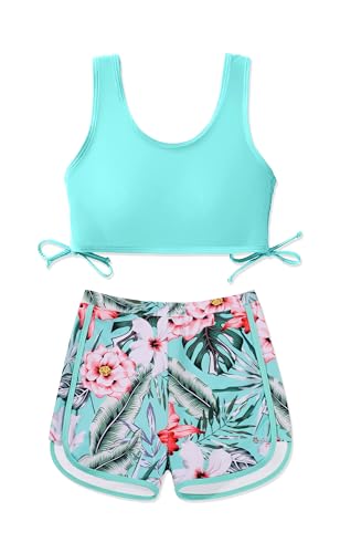 Image of Girl's 3 Piece Bikini Bathing Suit Printed Sport Swimsuits with Shorts Cove Up Sets Teen Girl's Swimwear