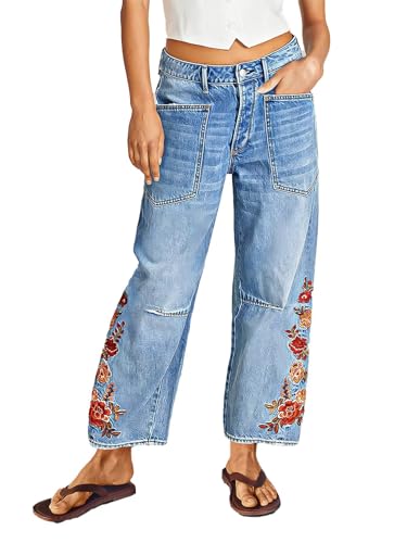 Flamingals Women's Mid Rise Straight Leg Raw Hem Embroidery Side Stitch Detail Casual Jeans