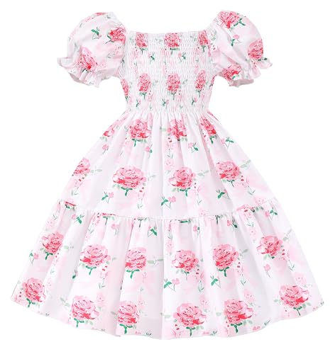 Mrocioa Girls Puff Sleeve Dressed Ruffle Smocked Square Neck Midi Dress Idyllic Style Summer Off Shoulder A-line Dress for 6t
