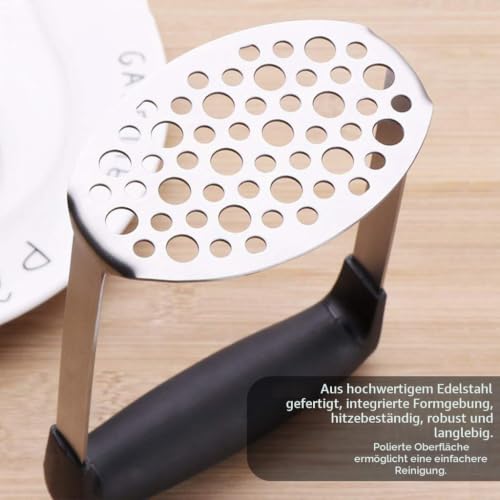 Foto von Kartoffelstampfer Edelstahl, Kartoffel Stampfer, Gemüsestampfer Kartoffelpürrier Kartoffelpresse für Spülmaschinengeeignet, Kartoffelbrei, Cremiges Kartoffelpüree, Gemüse und Früchte