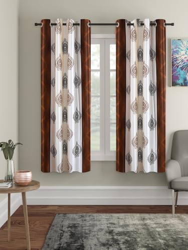 Image of Cortina Floral Light-Filtering Polyester Curtains 5 feet Long Pack of 2 + 50 Candle for Window [ Opacity: 50-60%, Color: Brown White, Printed Curtain -130 GSM ]