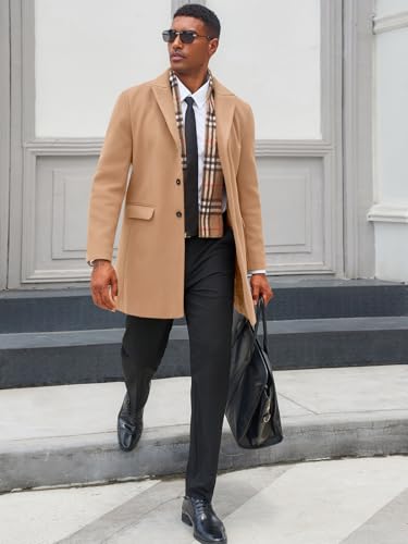 Runcati Men's Pea Coat with Detachable Plaid Scarfs Fall Single Breasted Wool Blend Trench Coat Winter Overcoat4