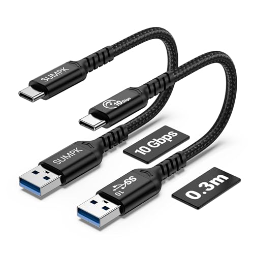 SUMPK Android Auto & CarPlay USB C Cable 10Gbps 30cm (2 Pack, Black), USB 3.1 Gen 2 Type C Cord with 3A Fast Charging Compatible for iPhone 16/15 Pro/Samsung Galaxy S24/S23/SSD