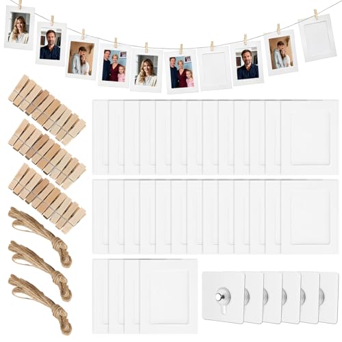 Fotogirlande, 30 Stück Fotowand 5 Inch Bilderrahmen mit 3×2 Meter Schnur und 30 Pcs Holz Klammern, 6 Pcs Bilderhaken Ohne Bohren, Fotovorhang Fotoseil mit Klammern für Fotos Bilder Collagen Postkarten