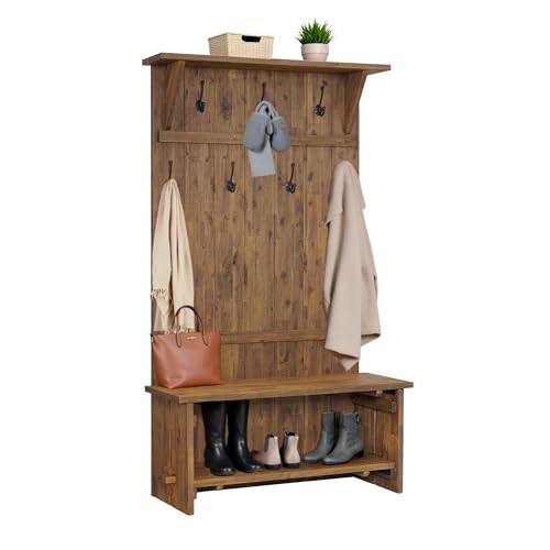 Alaterre Furniture Bethel Entryway Organizer – 70 Inch Hall Tree with Bench, Storage Shelves & Metal Coat Hooks – Rustic Farmhouse Solid Acacia Wood for Mudroom or Hallway (Natural Aged Brown)