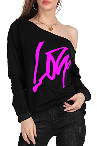Image of MAGICMK Woman's Sweatershirt Lips Print Causal Blouse Off The Shoulder Long Sleeve Loose Slouchy Pullover Plus Size Tops