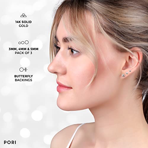 14K Solid Gold Ball Stud Earrings (3-Pair-Pack) 3Mm 4Mm And 5Mm - Choose A Color (White) #TOP4