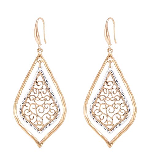 Allison Rose Atelier - Bohemian Gold and Silver Plated Filigree Pattern Inlay Design - Long Dangle Earrings - Lightweight Dangling Statement Earrings Set for Woman