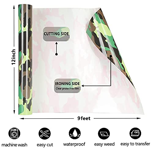 Image of FUNKAKA HTV Heat Transfer Vinyl Rolls, Camo Army Green, 12 inch x 9ft | Iron on Vinyl for T-Shirt, Stretchy PU HTV Vinyl for All Cutter Machines Easy to Cut & Weed for DIY Art Crafts Fabric