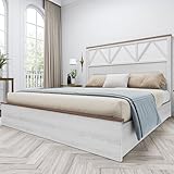 YITAHOME Farmhouse Queen Size Bed Frame with 47.2'' Headboard, Platform Rustic Wood Bed Frame with Slats, Sturdy and Noiseless, No Spring Needed, White