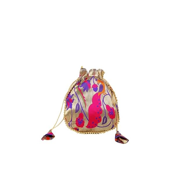 Kalubhar women's Fashion Silk (Paithani) Batwa Bag Jacquard with Lace Border work Comes with the Moti Handle Wristlets Ethnic Potli