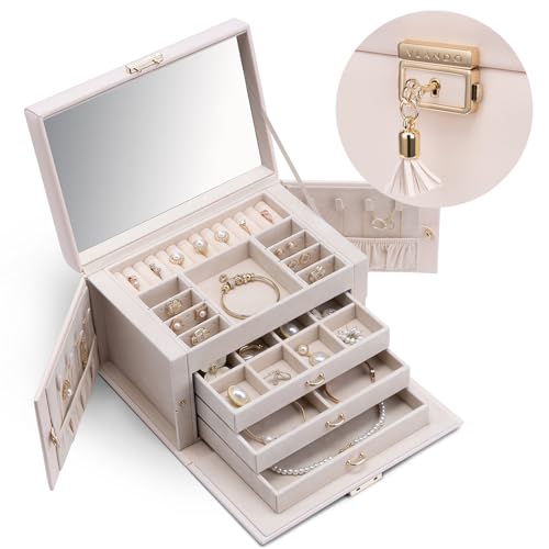 Vlando Lockable Jewelry Box Organizer with Key, 3-Tiered Storage Tray