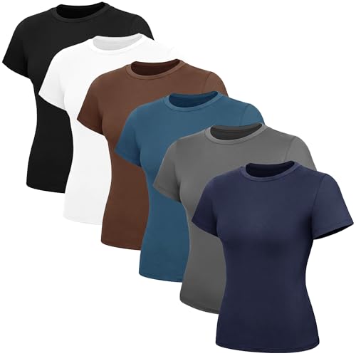 TNNZEET 6 Pack Womens Shirts - Short Sleeve Slim Fit Tight Crop Tops Spring Summer Clothes Basic Tees for Workout Gym Casual