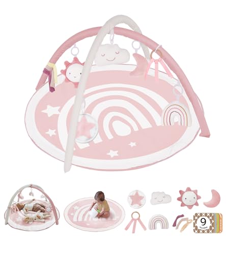 Image of Baby Play Gym Mat, Tummy Time Activity Mat with 7 Detachable Toys and 12 Milestone Cards for Stage-Based Sensory and Motor Skill Development, Washable Play Mats, Newborn Baby Essentials, Pink