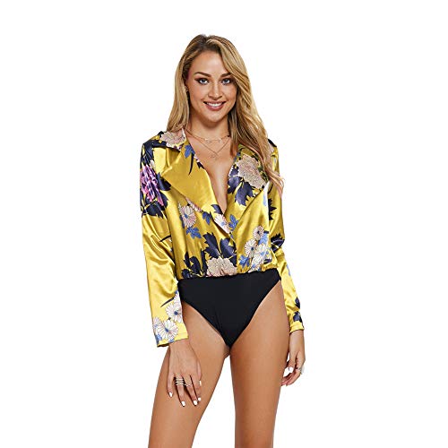 BEEY Women Deep V Neck Floral Print Bodysuit Shirt Tops (X-Large, Yellow)