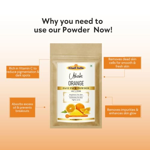 Image of Khadi Orange Face Pack Powder 100g | For Dead Skin Cells, Acne & Breakouts | Rich in Vitamin C | Skin Brightening | Pure, Natural & Ayurvedic | Removes Impurities | Face Pack for Men & Women